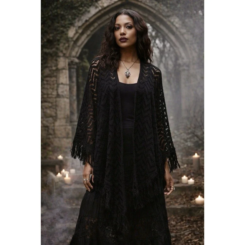 Women Black Crochet Fringe Openwork‎ Shawl Whimsigoth Witchy Size 43” X 78”